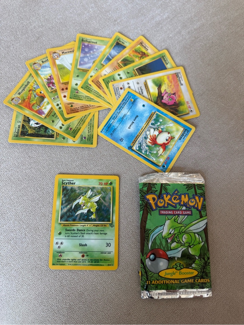 Vintage 1999 Holographic Scyther from Pokémon Jungle Booster Pack